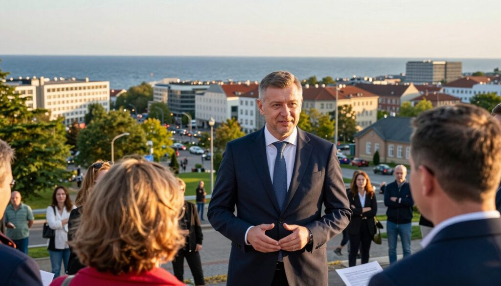 A professional politician, Marcin Horała, stands confidently in a bustling urban setting reflecting the vibrant atmosphere of Trójmiasto, Poland. In the foreground, he is dressed in smart, professional attire, engaged in conversation with local citizens, showcasing his strong community ties. The middle ground features iconic Trójmiasto architecture, including modern buildings and lush green spaces, indicative of the region’s blend of urbanity and nature. In the background, the deep blue waters of the Baltic Sea catch the golden rays of a setting sun, creating a warm, inviting ambiance. The image is well-lit, capturing the essence of late afternoon light, creating soft shadows that enhance the subject's charismatic presence, evoking a sense of hope and connection to the community.