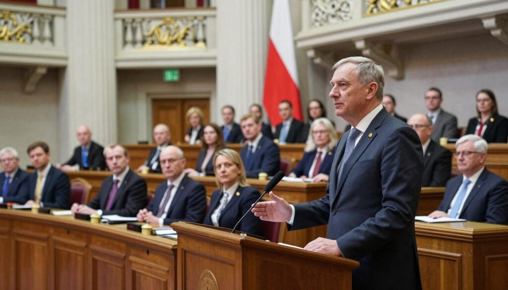 A professional setting within the Polish Sejm (Parliament) showcasing the role of the senior marshal. In the foreground, capture the senior marshal, a dignified older man in a tailored business suit with a subtle tie, exuding authority and wisdom. He is standing confidently at a podium, gesturing as if addressing the assembly. In the middle ground, a diverse group of attentive lawmakers in formal attire, featuring both men and women, sit at desks, listening intently. The background reveals the majestic architecture of the Sejm chamber, with elegant decor, the Polish flag, and ornate details. Soft, diffused lighting enhances the serious atmosphere, casting gentle highlights. The angle is slightly elevated, providing an overview of the scene while emphasizing the senior marshal's prominent role in the decision-making environment. The overall mood is one of respect and gravitas.