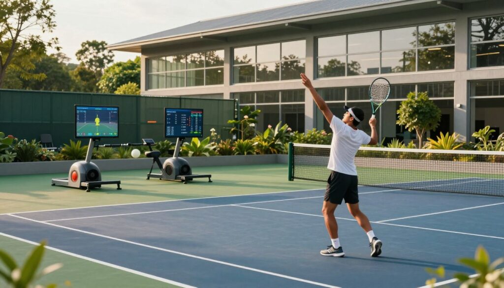 A professional tennis training facility, showcasing a well-maintained outdoor court surrounded by lush greenery. In the foreground, a focused tennis player in athletic gear practices serves, demonstrating form and dedication. In the middle ground, a high-tech training setup includes ball machines, fitness equipment, and digital monitors displaying performance statistics. In the background, a spacious training building with large windows lets in natural light, accentuating the clean and airy atmosphere. The scene is bathed in warm, late afternoon sunlight, creating soft shadows and a vibrant, energetic ambiance. The overall mood conveys professionalism, motivation, and an elite training environment, ideal for athletes preparing for competitive tournaments.