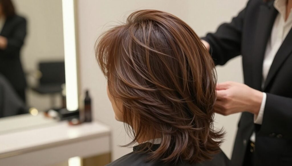 A refined hairstyle close-up featuring elegant, voluminous hair suitable for women over 50. The foreground highlights soft, flowing strands of hair, showcasing flattering layers that add texture and movement. In the middle, a stylist meticulously adjusts the hair, dressed in professional business attire for a polished look. The background is a softly blurred modern salon with warm, inviting lighting that complements the hair's natural shine. Capture the scene from a slightly elevated angle, emphasizing the graceful lines of the hairstyle while maintaining an air of sophistication. The overall mood should convey confidence and a sense of renewal, perfect for a stylish yet timeless appearance.