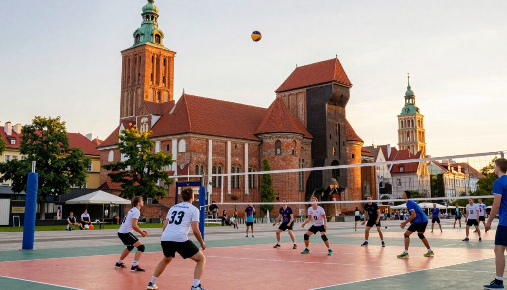 A scenic view of Toruń, Poland, featuring the iconic Gothic architecture of the Toruń Old Town in the background, with its red-brick buildings and the famous Leaning Tower. In the foreground, a dynamic scene capturing a volleyball match in progress, showcasing athletes in modest sports attire, displaying intensity and teamwork. The setting sun casts a warm golden glow, enhancing the vibrant colors of the scene. The atmosphere is energetic and lively, reflecting the connection between sports and the city’s rich culture. The camera angle is slightly elevated, allowing a panoramic view of both the athletes and the historical architecture. The overall mood conveys a blend of tradition and modern sportsmanship, highlighting Toruń's dual heritage.