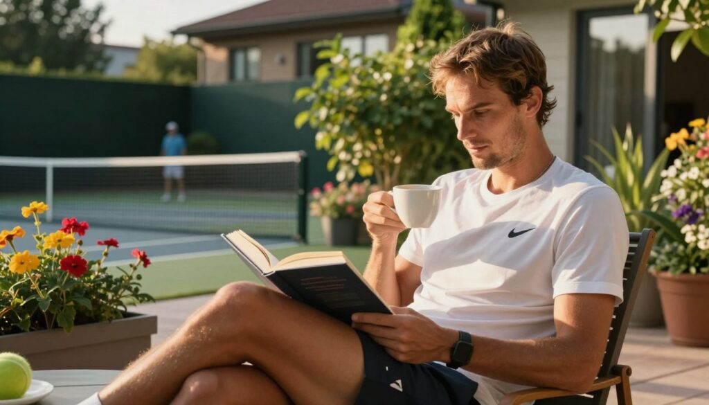 A serene and inviting scene capturing the private life of a professional athlete, focused on Karen Khachanov. In the foreground, a well-dressed, modestly attired Khachanov relaxes on a peaceful terrace, enjoying a book or a cup of coffee. The middle ground features lush greenery and vibrant flowers surrounding a cozy outdoor space, suggesting tranquility and personal leisure. In the background, a glimpse of a modern home with elements of a training facility is visible, signifying his dedication to tennis. The lighting is warm and inviting, suggesting a late afternoon sun, casting soft shadows. The overall atmosphere is calming and reflective, portraying a balance between professional athleticism and personal interests outside the court.