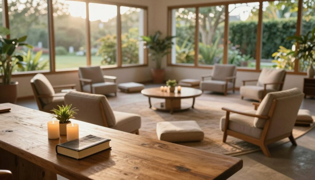 A serene and inviting setting depicting a retreat space for spiritual reflection. In the foreground, a wooden table with candles, a Bible, and a small plant. In the middle ground, a cozy seating area with comfortable chairs and cushions arranged in a semicircle, fostering a sense of community. In the background, large windows letting in warm, soft natural light, showcasing a lush garden outside. The atmosphere is tranquil and contemplative, with soft sunlight casting gentle shadows. Use a wide-angle lens to capture the entire space, emphasizing the harmony and warmth of the environment, suggesting peace and connection. Ideal lighting to reflect a welcoming and spiritual ambiance.