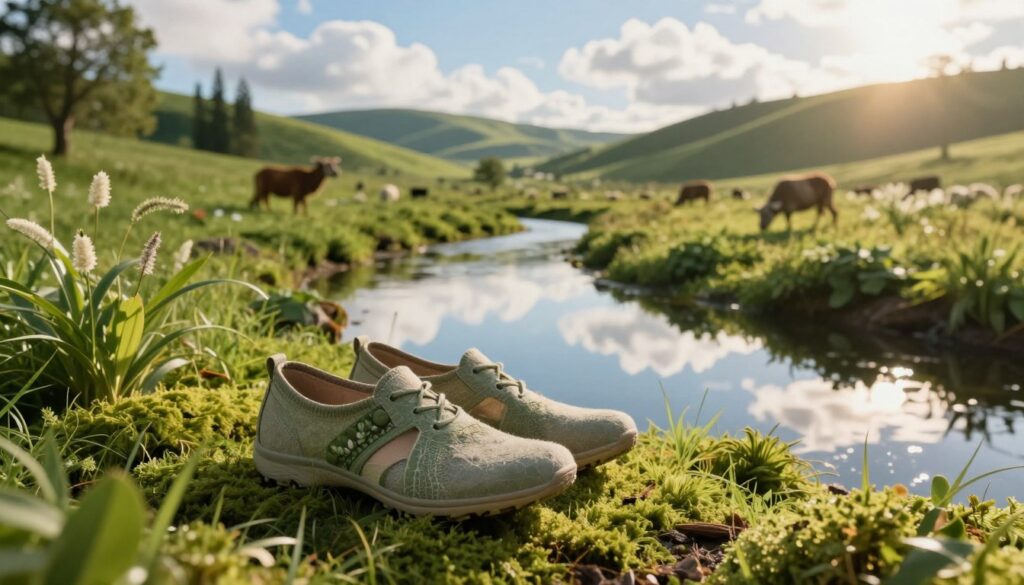 A serene and sustainable environment showcasing a lush green landscape with diverse flora and fauna. In the foreground, display a pair of stylish, eco-friendly shoes made from recycled materials, placed on a natural surface like moss or grass. The middle ground features a tranquil waterway, reflecting the blue sky with fluffy clouds, symbolizing purity and ecological balance. In the background, rolling hills with trees emphasize the harmony between nature and human innovation. The lighting is soft and golden, reminiscent of a late afternoon sun, creating a warm and inviting atmosphere. Capture a sense of tranquility and responsibility towards nature, ensuring the image resonates with sustainable practices and eco-conscious living. A serene and sustainable environment showcasing a lush green landscape with diverse flora and fauna. In the foreground, display a pair of stylish, eco-friendly shoes made from recycled materials, placed on a natural surface like moss or grass. The middle ground features a tranquil waterway, reflecting the blue sky with fluffy clouds, symbolizing purity and ecological balance. In the background, rolling hills with trees emphasize the harmony between nature and human innovation. The lighting is soft and golden, reminiscent of a late afternoon sun, creating a warm and inviting atmosphere. Capture a sense of tranquility and responsibility towards nature, ensuring the image resonates with sustainable practices and eco-conscious living.