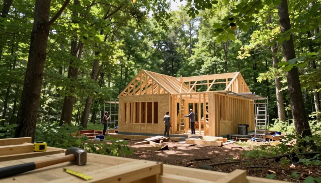 A serene forest setting showcasing a house under construction, nestled among tall, lush green trees. In the foreground, wooden beams and scaffolding reveal the framework of the house, while construction tools like a hammer and measuring tape are scattered nearby. The middle ground features carpenters in modest casual clothing, working diligently on the structure, with one person standing on a ladder. The background displays a vibrant canopy of leaves, dappled sunlight filtering through, casting soft shadows on the forest floor. The overall atmosphere is peaceful yet industrious, evoking a sense of harmony between nature and home-building. The scene is captured from a slightly elevated angle, creating depth and inviting the viewer into this tranquil yet dynamic setting. A serene forest setting showcasing a house under construction, nestled among tall, lush green trees. In the foreground, wooden beams and scaffolding reveal the framework of the house, while construction tools like a hammer and measuring tape are scattered nearby. The middle ground features carpenters in modest casual clothing, working diligently on the structure, with one person standing on a ladder. The background displays a vibrant canopy of leaves, dappled sunlight filtering through, casting soft shadows on the forest floor. The overall atmosphere is peaceful yet industrious, evoking a sense of harmony between nature and home-building. The scene is captured from a slightly elevated angle, creating depth and inviting the viewer into this tranquil yet dynamic setting.