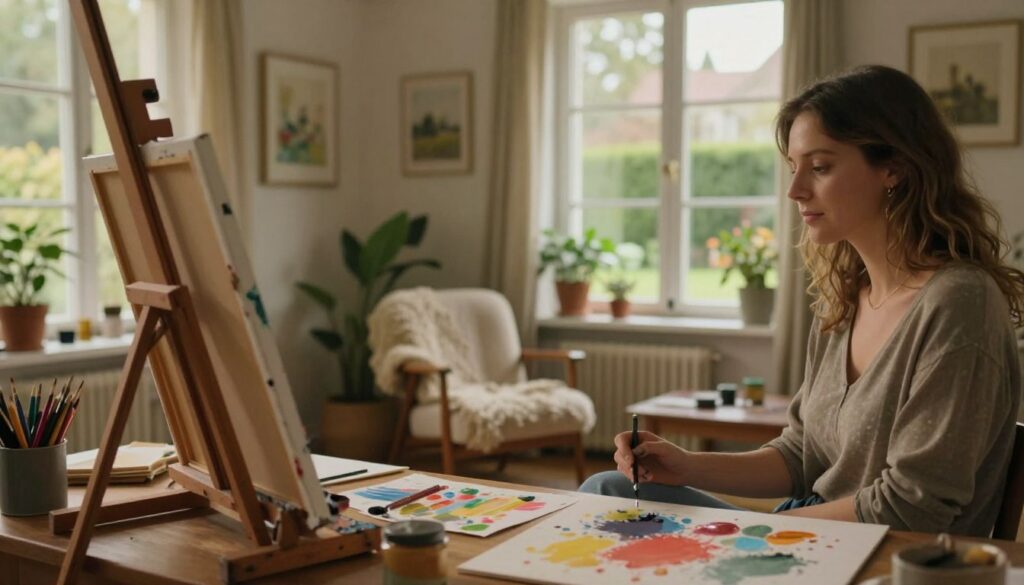 A serene home setting reflecting the artistic life of Joanna Sarapata. In the foreground, a cozy workspace with an easel, colorful paint splatters, and art supplies, hinting at her creative process. In the middle, a warmly-lit room featuring a large window allowing soft natural light to filter in, illuminating the space with a golden hue. A comfortable chair with a plush throw, surrounded by potted plants and framed artworks, enhances the inviting atmosphere. In the background, a view of a tranquil garden is visible through the window, hinting at a peaceful environment that inspires her art. The image is shot with a soft focus lens to create an intimate and inspirational mood, conveying a sense of calm and creativity.