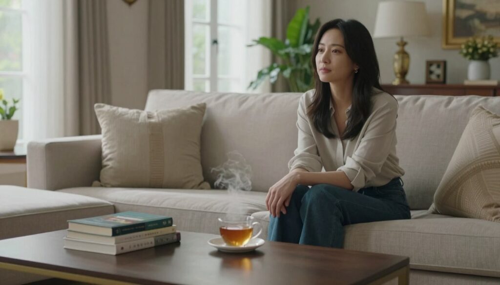 A serene indoor scene featuring a stylish living space that reflects the personal life of a actress. In the foreground, a well-organized coffee table with a stack of books and a steaming cup of tea creates an inviting atmosphere. The middle ground reveals a plush sofa with soft cushions, where a woman sits comfortably, dressed in modest yet elegant casual attire. She has a thoughtful expression, possibly reflecting on her daily choices. In the background, large windows allow soft, natural light to flood the room, illuminating elegant decor and plants that add warmth. The mood is peaceful and introspective, suggesting a moment of tranquility in the actress's life. A serene indoor scene featuring a stylish living space that reflects the personal life of a actress. In the foreground, a well-organized coffee table with a stack of books and a steaming cup of tea creates an inviting atmosphere. The middle ground reveals a plush sofa with soft cushions, where a woman sits comfortably, dressed in modest yet elegant casual attire. She has a thoughtful expression, possibly reflecting on her daily choices. In the background, large windows allow soft, natural light to flood the room, illuminating elegant decor and plants that add warmth. The mood is peaceful and introspective, suggesting a moment of tranquility in the actress's life.