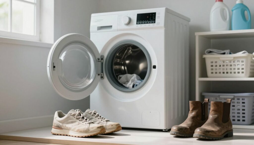 A serene laundry room scene featuring a washing machine and various types of footwear alongside it, emphasizing the dilemma of whether to wash shoes in a machine. In the foreground, a pair of sneakers and boots are placed thoughtfully on a clean countertop, showcasing scuff marks and wear. In the middle ground, the open washing machine displays a sparkling interior and a digital control panel. Soft, natural lighting filters through a nearby window, casting gentle shadows that create a calm atmosphere. The background features neatly stacked laundry baskets and shelves with laundry products, adding context without overwhelming the scene. The overall mood conveys a sense of contemplation and caution regarding laundry practices.