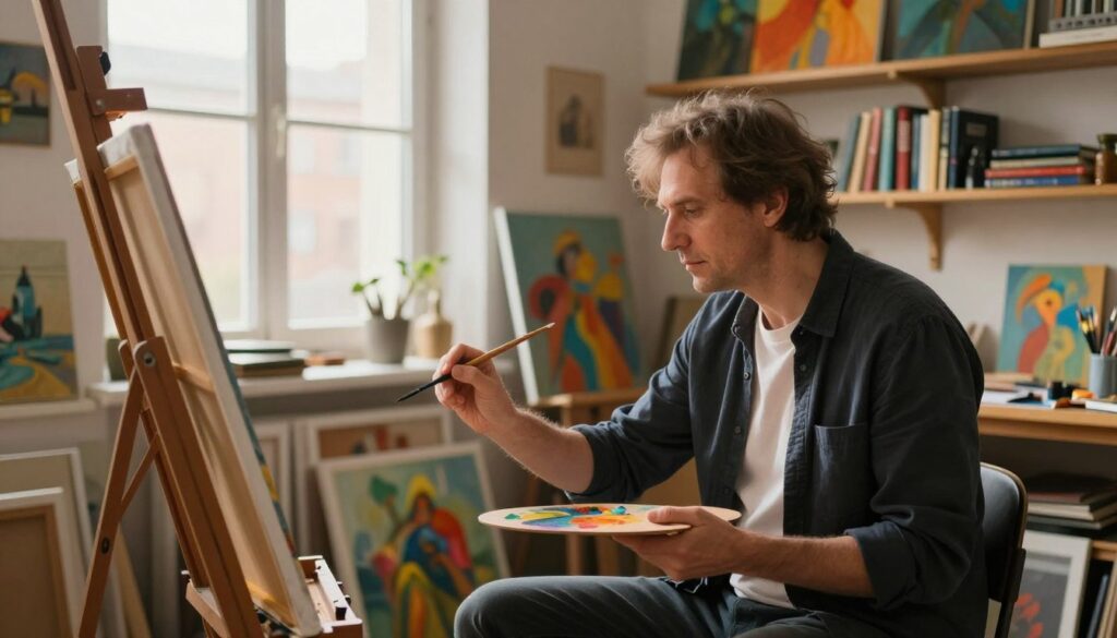 A serene scene depicting Wiesław Ochman in an elegant, modest studio filled with vibrant artistic creations. In the foreground, he is seated at a large canvas, wearing a smart casual outfit, with brushes and a palette in hand, deeply focused on painting. The middle ground showcases shelves filled with canvases, art supplies, and books about art, hinting at his dedication to creativity. In the background, a large window allows soft, warm natural light to filter through, casting gentle shadows and highlighting the colors of the materials. The atmosphere should feel inspiring and contemplative, emphasizing his artistic journey after a vibrant career, surrounded by his work and creative space.