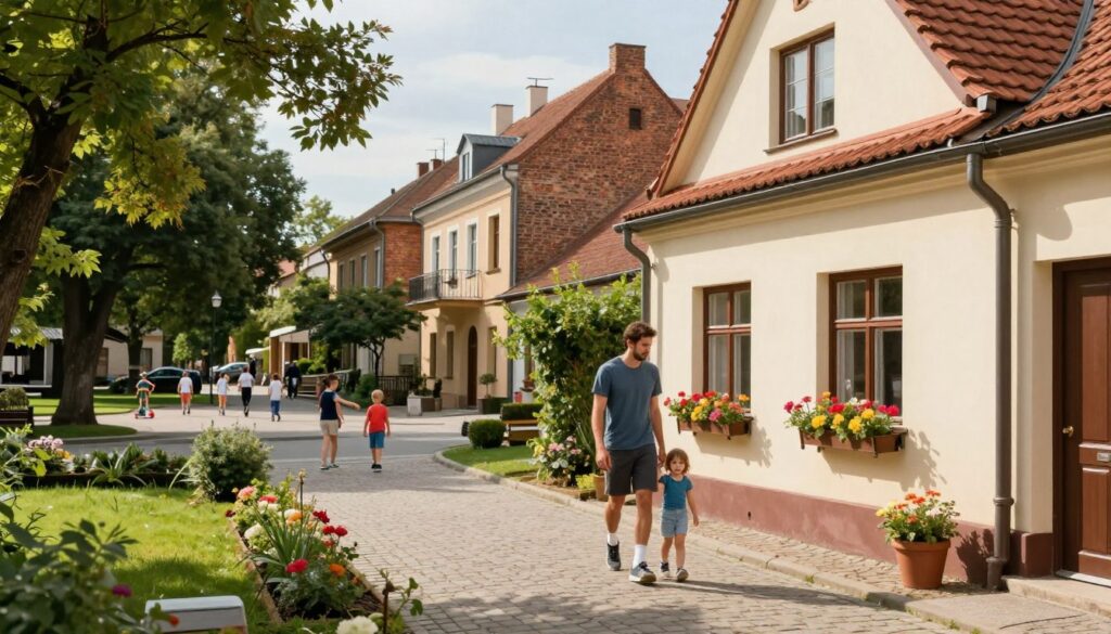 A serene street in Lublin, Poland, showcasing the vibrant lifestyle of Wilfredo León, the renowned volleyball player. In the foreground, a modest yet elegant family home reflects warmth and comfort, adorned with blooming flowers and greenery. To the left, a well-kept garden adds a touch of nature. In the middle ground, a small park with children playing and locals strolling creates a lively atmosphere, hinting at community and family life. Soft sunlight filters through the trees, casting gentle shadows on the pathway. The background features classic Lublin architecture, complete with charming brick buildings and cobblestone streets. The overall mood is inviting and tranquil, portraying a harmonious life in Lublin.