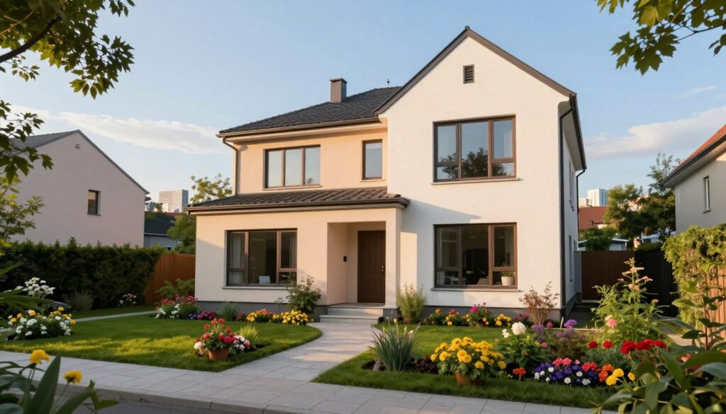 A serene suburban house in the Warsaw area, showcasing modern architecture with large windows and a garden brimming with colorful flowers. In the foreground, a well-maintained pathway leads to the entrance, flanked by lush greenery. The middle ground features the house, with a soft, inviting color palette of warm pastels and sleek lines, reflecting recent renovations. In the background, a glimpse of the Warsaw skyline can be seen, suggesting proximity to the city. The scene is bathed in soft, golden afternoon light, creating a cozy and welcoming atmosphere. A clear blue sky adds to the tranquility of the setting, making it perfect for illustrating a personal connection to home.