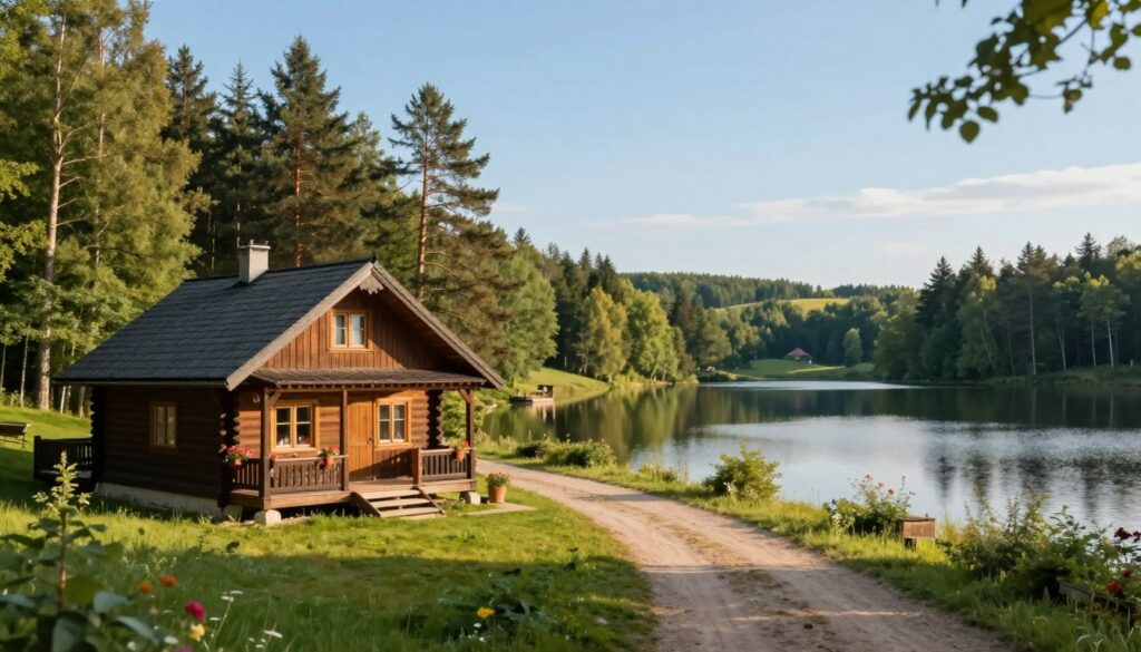A serene view of Wojciech Fortuna's home in Gorczyca, near Augustów, surrounded by lush green forests and tranquil lakes. In the foreground, a cozy wooden cottage with a welcoming porch adorned with potted flowers invites warmth. The middle layer features a clear blue sky reflecting the natural beauty and a peaceful dirt path leading towards the cottage, symbolizing a simple yet fulfilling life. In the background, tall pine trees and soft hills create a calming rural atmosphere. Soft, warm sunlight bathes the scene, casting gentle shadows, with a slightly blurred focus on the background to emphasize the serenity of his life here. The mood is tranquil and idyllic, showcasing the beauty of the region and Fortuna's connection to it. A serene view of Wojciech Fortuna's home in Gorczyca, near Augustów, surrounded by lush green forests and tranquil lakes. In the foreground, a cozy wooden cottage with a welcoming porch adorned with potted flowers invites warmth. The middle layer features a clear blue sky reflecting the natural beauty and a peaceful dirt path leading towards the cottage, symbolizing a simple yet fulfilling life. In the background, tall pine trees and soft hills create a calming rural atmosphere. Soft, warm sunlight bathes the scene, casting gentle shadows, with a slightly blurred focus on the background to emphasize the serenity of his life here. The mood is tranquil and idyllic, showcasing the beauty of the region and Fortuna's connection to it.