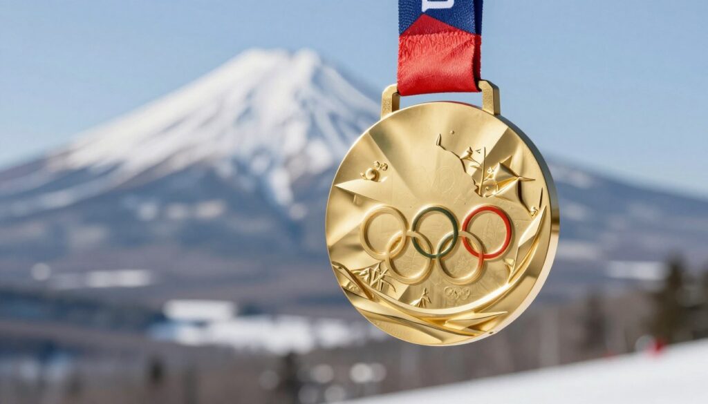 A shiny gold Olympic medal, intricately designed with the emblem of the Olympics, prominently displayed in the foreground. The medal is suspended in mid-air, catching the light in a way that highlights its brilliant surface and engraved details. In the middle ground, a blurred background of snow-capped mountains symbolizes the snowy landscapes of Sapporo, creating a sense of connection to the Winter Olympics. The atmosphere is uplifting and triumphant, imbued with the spirit of achievement. Soft, warm lighting enhances the golden color of the medal, while a shallow depth of field focuses on the medal, giving it the spotlight. The lens captures the essence of victory, evoking emotions of pride and dedication. A shiny gold Olympic medal, intricately designed with the emblem of the Olympics, prominently displayed in the foreground. The medal is suspended in mid-air, catching the light in a way that highlights its brilliant surface and engraved details. In the middle ground, a blurred background of snow-capped mountains symbolizes the snowy landscapes of Sapporo, creating a sense of connection to the Winter Olympics. The atmosphere is uplifting and triumphant, imbued with the spirit of achievement. Soft, warm lighting enhances the golden color of the medal, while a shallow depth of field focuses on the medal, giving it the spotlight. The lens captures the essence of victory, evoking emotions of pride and dedication.