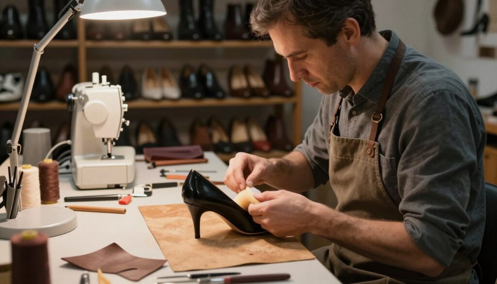 A skilled cobbler working diligently in a well-lit workshop, focused on soundproofing footwear. In the foreground, the cobbler, a middle-aged man dressed in a professional apron and casual attire, carefully applies a soft, cushioned material to the soles of elegant high-heeled shoes. The middle layer features an array of tools scattered across a workbench: thread, leather pieces, and a sewing machine. In the background, shelves lined with various types of shoes and boot forms, dimly lit but giving a sense of craftsmanship. Warm, diffused lighting casts soft shadows, creating a calm and professional atmosphere. The angle captures the intense concentration of the cobbler while showcasing the meticulous care involved in enhancing shoe comfort and reducing noise. A skilled cobbler working diligently in a well-lit workshop, focused on soundproofing footwear. In the foreground, the cobbler, a middle-aged man dressed in a professional apron and casual attire, carefully applies a soft, cushioned material to the soles of elegant high-heeled shoes. The middle layer features an array of tools scattered across a workbench: thread, leather pieces, and a sewing machine. In the background, shelves lined with various types of shoes and boot forms, dimly lit but giving a sense of craftsmanship. Warm, diffused lighting casts soft shadows, creating a calm and professional atmosphere. The angle captures the intense concentration of the cobbler while showcasing the meticulous care involved in enhancing shoe comfort and reducing noise.