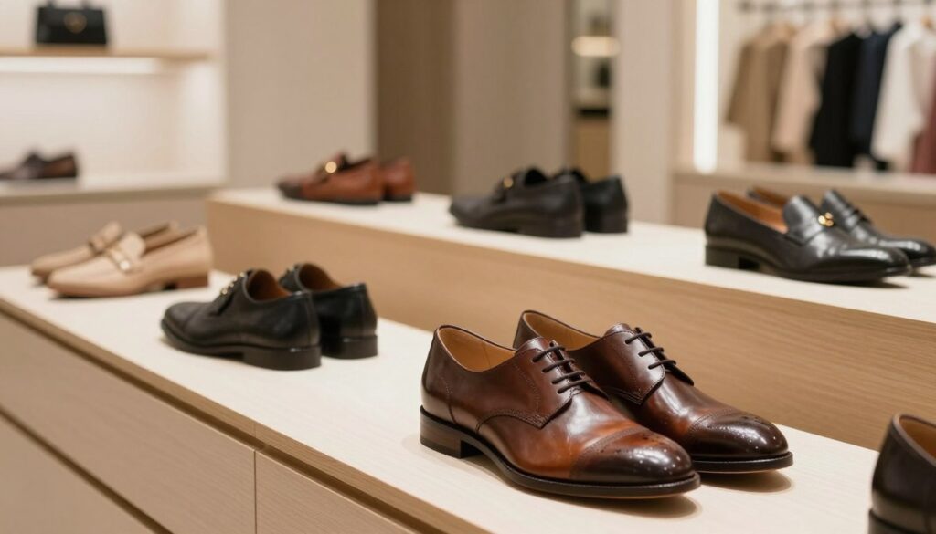 A sleek and modern shoe display in an upscale retail environment, showcasing a selection of premium-quality footwear from the brand "buty." In the foreground, a well-crafted pair of stylish shoes, elegantly lit to highlight their textures and colors. The middle ground features additional shoes on minimalist wooden shelves, arranged by style and color, creating a harmonious sense of order. The background includes soft, diffused lighting, with hints of stylish decor that reinforce a high-end retail atmosphere. The overall mood is sophisticated and inviting, suggesting a focus on quality and affordability. The image is captured with a warm tone, emphasizing the craftsmanship and allure of the products while avoiding any clutter or distractions.