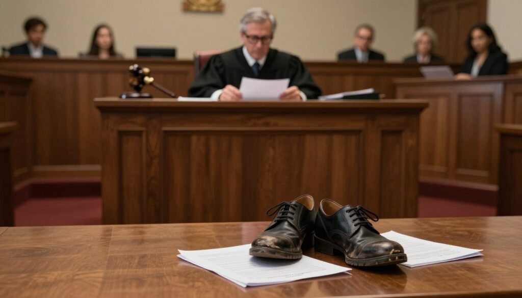 A somber courtroom setting featuring a wooden judge's bench and a polished floor. In the foreground, a pair of damaged shoes sits on a folded piece of legal paperwork, symbolizing a footwear complaint. The middle ground showcases a serious-looking judge, dressed in a traditional robe, examining a document under soft, dramatic lighting that highlights the details of the shoes and the papers. The background includes a blurred view of court participants, suggesting tension and gravity. The atmosphere feels tense yet focused, embodying the seriousness of legal disputes over consumer rights. Capture the scene with a slightly wide-angle lens to enhance depth, and use warm lighting to create an inviting yet serious mood.