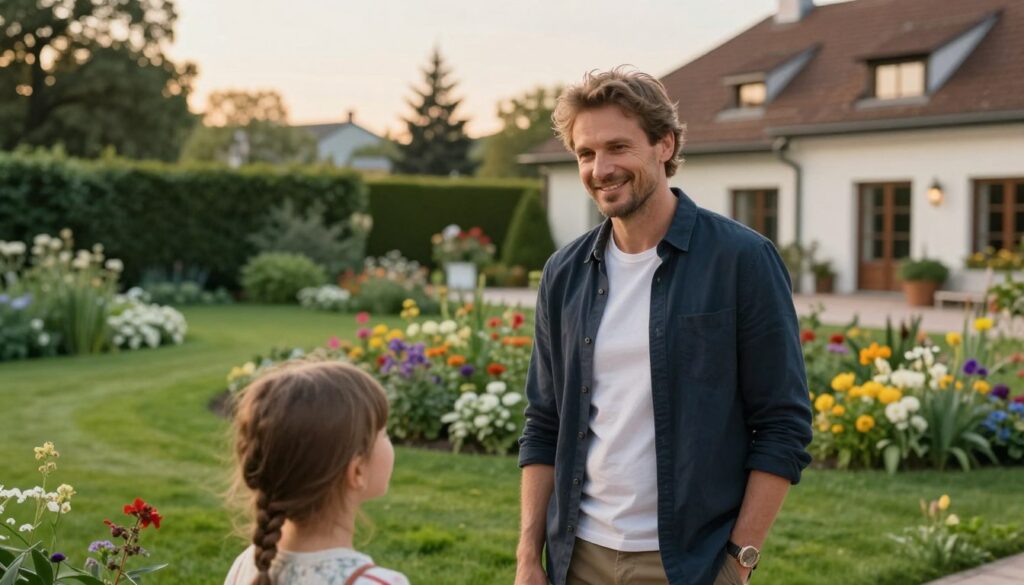 A sophisticated and serene portrait capturing Wojciech Fibak in a lush garden setting, reflecting his dual life between Poland and abroad. In the foreground, place Fibak in smart, casual attire, with a warm, welcoming expression, as he engages with his family—perhaps a child or partner—illustrating warmth and connection. In the middle, showcase a beautifully manicured lawn with elegant flowers, symbolizing the tranquility of his private life. In the background, hint at a stylish home that blends traditional Polish architecture with modern elements, bathed in soft, golden evening light for an inviting atmosphere. Aim for a balanced composition with a slightly blurred background to emphasize the subjects, and use a wide-angle lens to capture the expansive beauty of the setting. A sophisticated and serene portrait capturing Wojciech Fibak in a lush garden setting, reflecting his dual life between Poland and abroad. In the foreground, place Fibak in smart, casual attire, with a warm, welcoming expression, as he engages with his family—perhaps a child or partner—illustrating warmth and connection. In the middle, showcase a beautifully manicured lawn with elegant flowers, symbolizing the tranquility of his private life. In the background, hint at a stylish home that blends traditional Polish architecture with modern elements, bathed in soft, golden evening light for an inviting atmosphere. Aim for a balanced composition with a slightly blurred background to emphasize the subjects, and use a wide-angle lens to capture the expansive beauty of the setting.