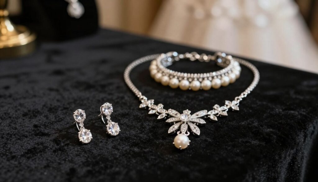 A stunning arrangement of elegant jewelry designed to complement a black dress, showcasing intricate silver and gold pieces. In the foreground, a delicate pair of shimmering earrings with crystal accents, and an ornate necklace that gracefully drapes. The middle ground features a sparkling bracelet adorned with pearls, resting on a soft velvet surface, highlighting its luxe texture. The background softly fades into a blurred, elegant setting that suggests a wedding atmosphere, with warm, ambient lighting that highlights the jewelry's shine, creating a sophisticated and celebratory mood. The image captures a sense of refinement and glamour, ideal for enhancing a formal outfit. A stunning arrangement of elegant jewelry designed to complement a black dress, showcasing intricate silver and gold pieces. In the foreground, a delicate pair of shimmering earrings with crystal accents, and an ornate necklace that gracefully drapes. The middle ground features a sparkling bracelet adorned with pearls, resting on a soft velvet surface, highlighting its luxe texture. The background softly fades into a blurred, elegant setting that suggests a wedding atmosphere, with warm, ambient lighting that highlights the jewelry's shine, creating a sophisticated and celebratory mood. The image captures a sense of refinement and glamour, ideal for enhancing a formal outfit.