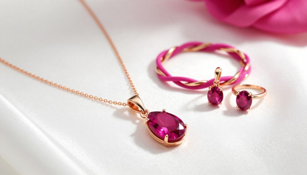 A stunning display of fuchsia jewelry elegantly arranged on a soft, textured white silk background. The foreground features a luxurious fuchsia pendant necklace adorned with intricate gold details and matching drop earrings, catching the light beautifully. In the middle ground, a delicate fuchsia bracelet intertwined with gold accents lies artfully positioned beside an exquisite fuchsia ring. The background is softly blurred, accentuating the vibrancy of the jewelry while maintaining a chic, sophisticated atmosphere. The lighting is bright yet soft, highlighting the gemstones' brilliance and casting gentle reflections. The overall mood is elegant and modern, perfect for showcasing striking accessories that complement a pink dress.
