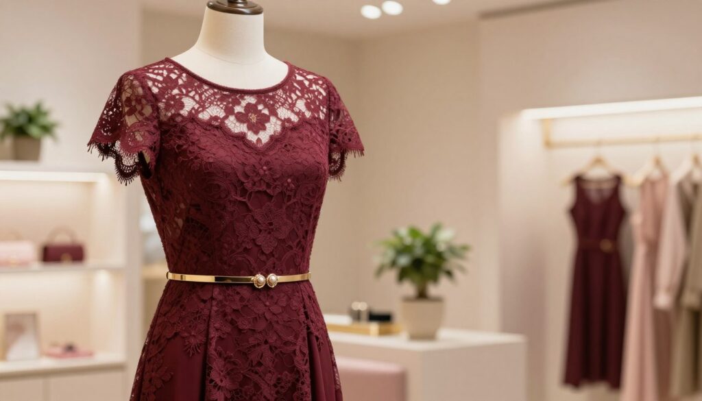 A stunning lace dress displayed elegantly on a mannequin, located in a softly lit boutique environment. The dress, in deep burgundy, features intricate lace detailing that adds texture and sophistication. The foreground showcases the dress with delicate accessories such as a thin gold belt and matching earrings, complementing the rich color. In the middle ground, a well-lit dressing area with subtle accents of soft pastels enhances the elegance of the setting. The background includes blurred elements of tasteful decor, like potted plants and elegant hangers holding stylish items. The lighting is warm and inviting, creating a mood of refined simplicity, embodying the principle of moderation in fashion choices. The angle captures the dress from slightly below, emphasizing its graceful silhouette. A stunning lace dress displayed elegantly on a mannequin, located in a softly lit boutique environment. The dress, in deep burgundy, features intricate lace detailing that adds texture and sophistication. The foreground showcases the dress with delicate accessories such as a thin gold belt and matching earrings, complementing the rich color. In the middle ground, a well-lit dressing area with subtle accents of soft pastels enhances the elegance of the setting. The background includes blurred elements of tasteful decor, like potted plants and elegant hangers holding stylish items. The lighting is warm and inviting, creating a mood of refined simplicity, embodying the principle of moderation in fashion choices. The angle captures the dress from slightly below, emphasizing its graceful silhouette.