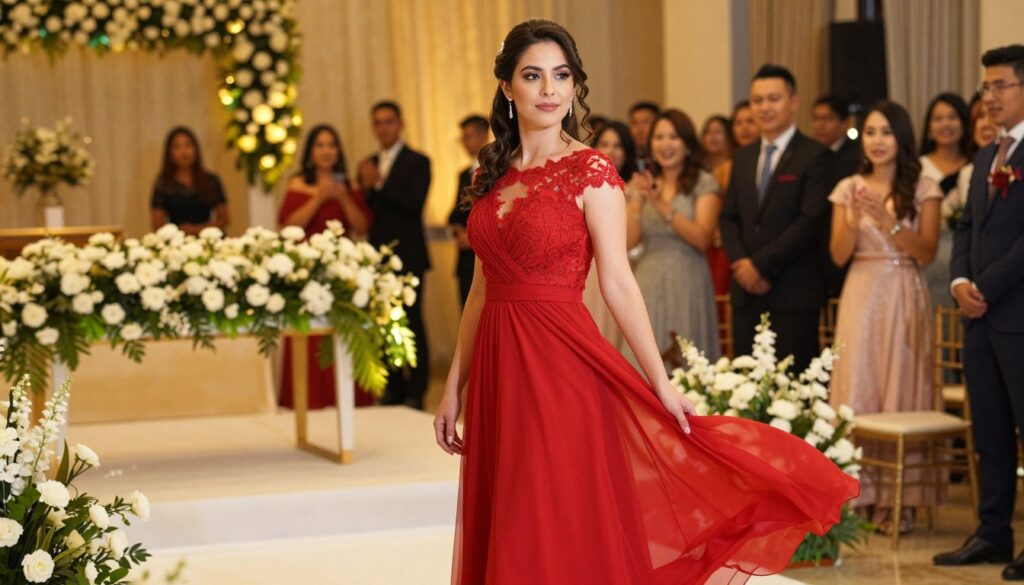 A stunning woman in an elegant red dress stands confidently at a wedding venue, capturing attention with her vibrant attire. The dress is floor-length, made of flowing fabric that elegantly sways with her movements, featuring delicate lace detailing at the sleeves and neckline. In the foreground, she exudes grace, her hair styled in soft waves, with subtle accessories enhancing her look. The middle ground features a beautifully decorated wedding altar adorned with white flowers and soft green foliage. In the background, blurred out, guests in formal attire enjoy the celebration, creating a lively atmosphere. Warm, ambient lighting illuminates the scene, casting a golden glow, while the angle is slightly elevated, giving a balanced view of the entire setting. The mood is festive yet respectful, emphasizing the allure of the red dress in contrast to the wedding's traditional colors. A stunning woman in an elegant red dress stands confidently at a wedding venue, capturing attention with her vibrant attire. The dress is floor-length, made of flowing fabric that elegantly sways with her movements, featuring delicate lace detailing at the sleeves and neckline. In the foreground, she exudes grace, her hair styled in soft waves, with subtle accessories enhancing her look. The middle ground features a beautifully decorated wedding altar adorned with white flowers and soft green foliage. In the background, blurred out, guests in formal attire enjoy the celebration, creating a lively atmosphere. Warm, ambient lighting illuminates the scene, casting a golden glow, while the angle is slightly elevated, giving a balanced view of the entire setting. The mood is festive yet respectful, emphasizing the allure of the red dress in contrast to the wedding's traditional colors.