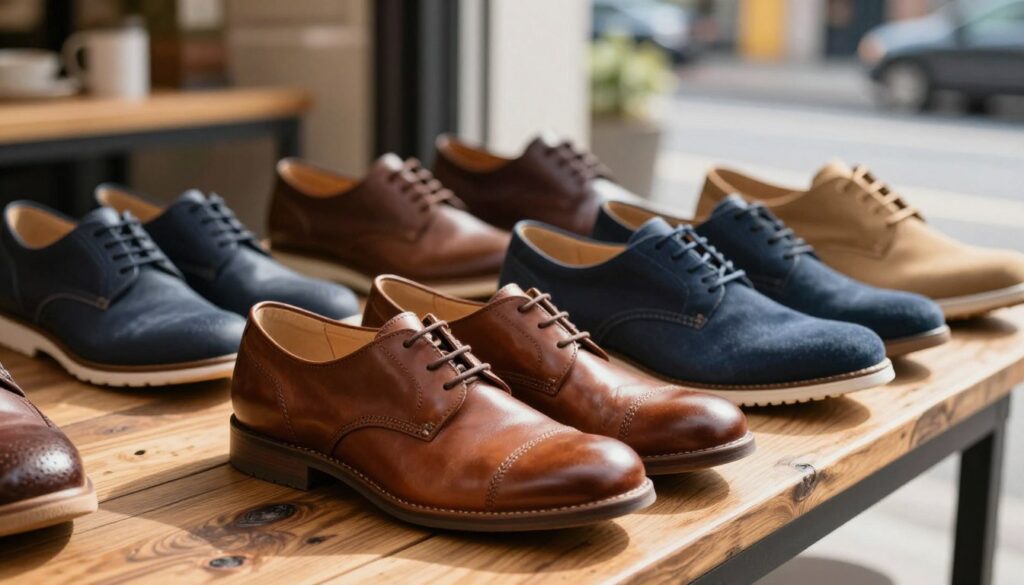 A stylish and dynamic display of Dockers Gerli shoes arranged on a rustic wooden surface, showcasing a variety of popular models. In the foreground, focus on a pair of classic brown leather Dockers, highlighting their detailed stitching and subtle polish. In the middle ground, place a mix of casual and professional models in diverse color options, including navy blue and khaki, neatly aligned to emphasize their versatility. The background features a slightly blurred urban setting, hinting at a stylish café or street scene, bathed in warm, natural sunlight. Use a soft-focus effect to create a polished look while maintaining an inviting, casual atmosphere, suitable for highlighting the features of Dockers footwear. A stylish and dynamic display of Dockers Gerli shoes arranged on a rustic wooden surface, showcasing a variety of popular models. In the foreground, focus on a pair of classic brown leather Dockers, highlighting their detailed stitching and subtle polish. In the middle ground, place a mix of casual and professional models in diverse color options, including navy blue and khaki, neatly aligned to emphasize their versatility. The background features a slightly blurred urban setting, hinting at a stylish café or street scene, bathed in warm, natural sunlight. Use a soft-focus effect to create a polished look while maintaining an inviting, casual atmosphere, suitable for highlighting the features of Dockers footwear.