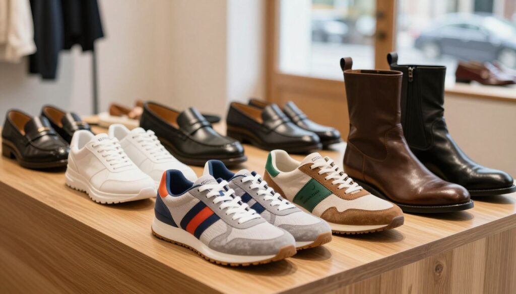 A stylish and dynamic display of various footwear models from the 'Americanos buty' collection, arranged on an elegant wooden display stand. In the foreground, showcase a selection of trendy sneakers and classic boots, with vibrant colors and textures, emphasizing the craftsmanship of each pair. In the middle background, include a glimpse of loafers and formal shoes, subtly illuminated to highlight their sleek designs. The background features a softly blurred boutique setting, with natural lighting streaming in through large windows, creating a warm and inviting atmosphere. Capture the scene from a slightly elevated angle to give a comprehensive view of the footwear assortment, instilling a professional yet fashionable mood. A stylish and dynamic display of various footwear models from the 'Americanos buty' collection, arranged on an elegant wooden display stand. In the foreground, showcase a selection of trendy sneakers and classic boots, with vibrant colors and textures, emphasizing the craftsmanship of each pair. In the middle background, include a glimpse of loafers and formal shoes, subtly illuminated to highlight their sleek designs. The background features a softly blurred boutique setting, with natural lighting streaming in through large windows, creating a warm and inviting atmosphere. Capture the scene from a slightly elevated angle to give a comprehensive view of the footwear assortment, instilling a professional yet fashionable mood.
