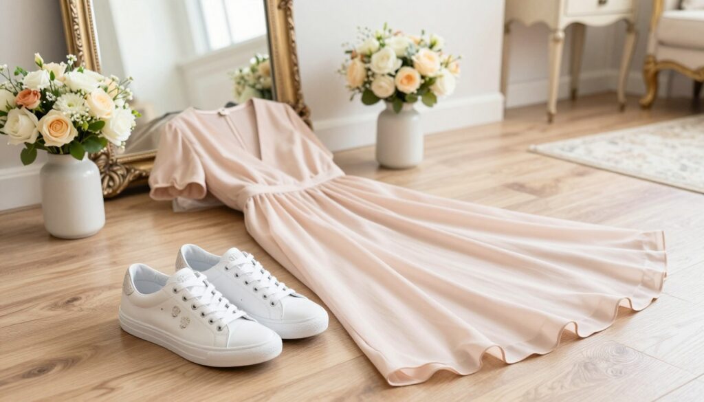 A stylish arrangement featuring elegant sneakers paired with a flowing dress, highlighting a chic outfit for special occasions. In the foreground, showcase a pair of trendy, white canvas sneakers with subtle embellishments, placed near a soft, pastel-colored dress that drapes gracefully on a wooden floor. The middle ground should include a polished table with delicate floral arrangements and an ornate mirror reflecting soft, natural light. In the background, hints of a cozy, well-decorated room with light-colored walls and elegant furniture create an inviting atmosphere. Utilize bright, clear lighting to enhance colors and textures, and capture the scene from a slightly elevated angle to provide depth and interest, evoking a sophisticated yet casual mood perfect for fashion enthusiasts. A stylish arrangement featuring elegant sneakers paired with a flowing dress, highlighting a chic outfit for special occasions. In the foreground, showcase a pair of trendy, white canvas sneakers with subtle embellishments, placed near a soft, pastel-colored dress that drapes gracefully on a wooden floor. The middle ground should include a polished table with delicate floral arrangements and an ornate mirror reflecting soft, natural light. In the background, hints of a cozy, well-decorated room with light-colored walls and elegant furniture create an inviting atmosphere. Utilize bright, clear lighting to enhance colors and textures, and capture the scene from a slightly elevated angle to provide depth and interest, evoking a sophisticated yet casual mood perfect for fashion enthusiasts.