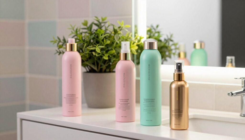 A stylish arrangement of various volumizing hair care products, displayed on a sleek vanity. In the foreground, there are elegant bottles of mousses, sprays, and serums, each with modern and refined packaging, showcasing vibrant colors like light pink, seafoam green, and metallic gold. In the middle ground, a lush potted plant adds a touch of freshness, while a softly glowing vanity mirror reflects the products, enhancing their appeal. The background features a softly lit bathroom with muted pastel tiles, creating a calming atmosphere. The lighting is bright and inviting, casting gentle shadows and highlights that emphasize the quality of the products. The overall mood is sophisticated and uplifting, perfect for enhancing a pixie cut's volume. A stylish arrangement of various volumizing hair care products, displayed on a sleek vanity. In the foreground, there are elegant bottles of mousses, sprays, and serums, each with modern and refined packaging, showcasing vibrant colors like light pink, seafoam green, and metallic gold. In the middle ground, a lush potted plant adds a touch of freshness, while a softly glowing vanity mirror reflects the products, enhancing their appeal. The background features a softly lit bathroom with muted pastel tiles, creating a calming atmosphere. The lighting is bright and inviting, casting gentle shadows and highlights that emphasize the quality of the products. The overall mood is sophisticated and uplifting, perfect for enhancing a pixie cut's volume.