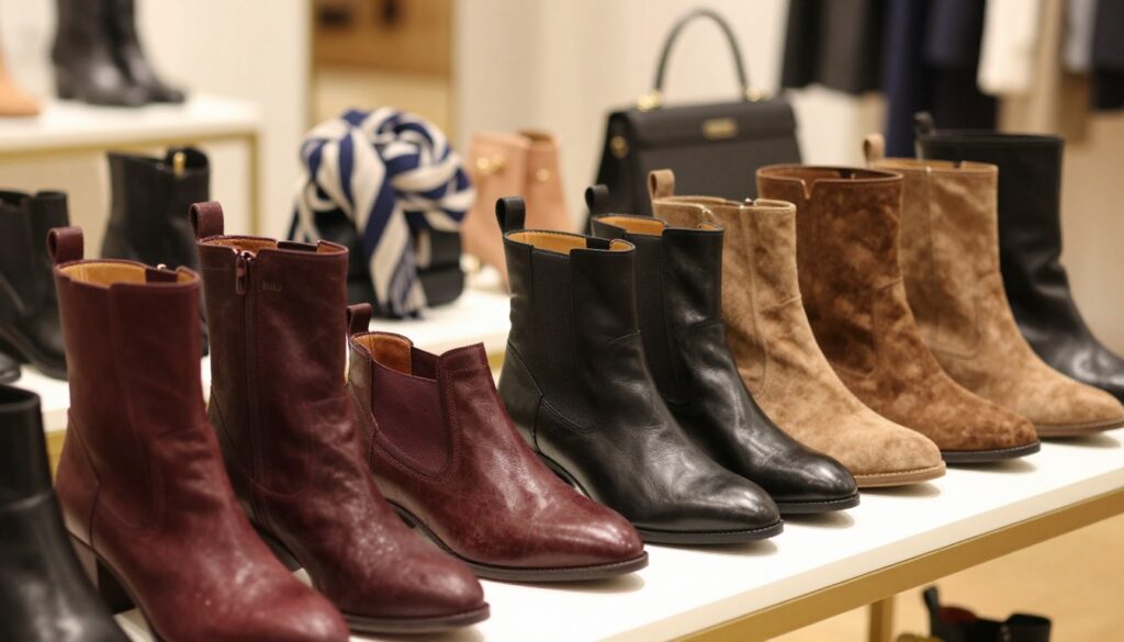 A stylish arrangement showcasing a variety of elegant "botki" ankle boots, prominently displayed in the foreground, featuring rich textures like leather and suede. The boots are in various colors, including deep burgundy, sleek black, and earthy tan, emphasizing different styles ranging from casual to more formal. In the middle ground, a blurred selection of complementary accessories, such as scarves and handbags, hints at a coordinated fashion theme. The background features a softly lit boutique setting with warm ambient lighting, enhancing the sophisticated atmosphere. The image should be captured from a slightly elevated angle, providing an inviting perspective that draws the viewer's eye directly to the boots. The overall mood is chic and contemporary, perfect for showcasing modern fashion.
