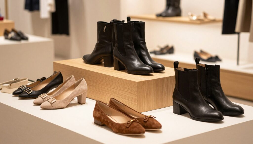 A stylish assortment of women’s footwear from the Carmela brand displayed in an elegant boutique setting. In the foreground, showcase a variety of shoes including chic heels, trendy ankle boots, and comfortable flats, all crafted from premium materials like leather and suede, highlighting the textures and colors of each pair. In the middle, place a sleek wooden display or artisanal shelving that adds warmth to the scene. The background should feature soft lighting to enhance the luxurious ambiance, with soft shadows casting a gentle glow on the shoes, hinting at a contemporary and upscale shopping experience. Capture the mood as inviting and sophisticated, emphasizing the quality and design of Carmela footwear that represents modern femininity.