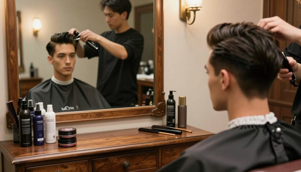 A stylish barber's workspace featuring a well-groomed male model preparing his hair for styling a classic pompadour. In the foreground, focus on the model examining his reflection in a large, vintage mirror, showcasing his thick hair being blow-dried for volume. The middle layer includes a wooden barber's station with various styling products like pomade, sprays, and a comb neatly arranged. In the background, soft, warm lighting casts a cozy ambiance, highlighting the rich textures of the wooden furniture and the vintage décor elements. The model wears a smart casual outfit, exuding confidence and a modern vibe. The atmosphere feels professional yet relaxed, capturing the essence of meticulous hair preparation and styling. A stylish barber's workspace featuring a well-groomed male model preparing his hair for styling a classic pompadour. In the foreground, focus on the model examining his reflection in a large, vintage mirror, showcasing his thick hair being blow-dried for volume. The middle layer includes a wooden barber's station with various styling products like pomade, sprays, and a comb neatly arranged. In the background, soft, warm lighting casts a cozy ambiance, highlighting the rich textures of the wooden furniture and the vintage décor elements. The model wears a smart casual outfit, exuding confidence and a modern vibe. The atmosphere feels professional yet relaxed, capturing the essence of meticulous hair preparation and styling.
