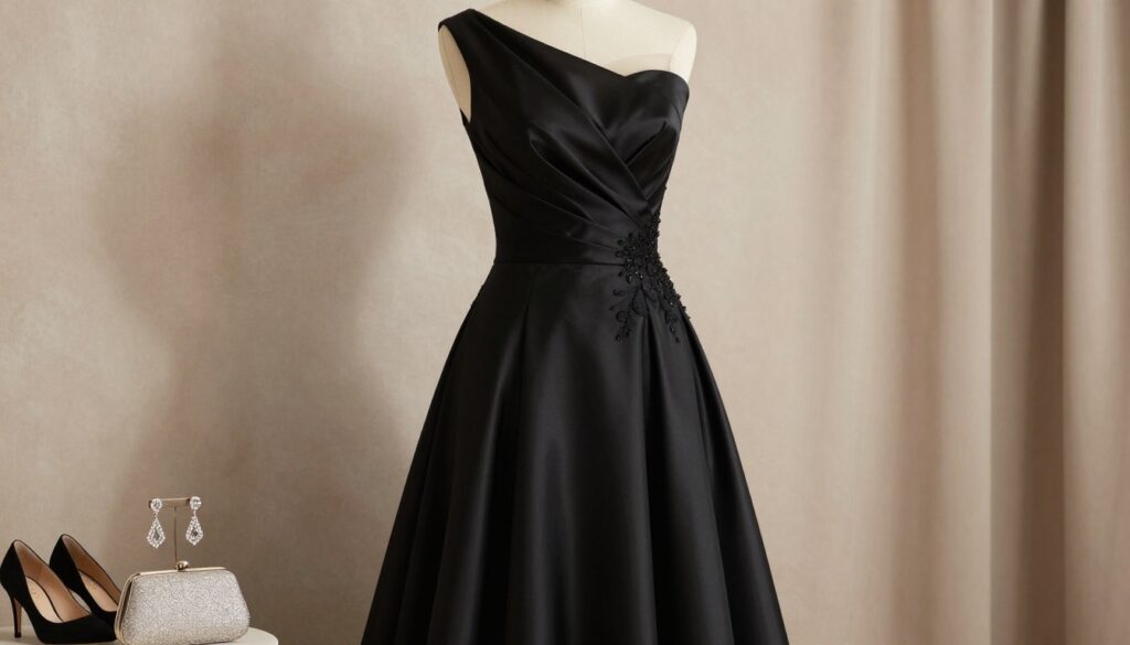 A stylish black dress (czarna sukienka) elegantly draped on a mannequin or hung against a soft, textured backdrop. The dress features a flattering silhouette with a fitted bodice and an A-line skirt made from luxurious fabric, perhaps satin or chiffon, capturing light beautifully. In the foreground, delicate accessories like a pair of sparkling earrings, a chic clutch, and a stylish pair of heels are elegantly arranged, hinting at possibilities to brighten the ensemble. The middle ground reveals the dress in more detail, showcasing its fine craftsmanship with subtle embellishments or lace accents. The background is softly blurred, enhanced by warm, diffused lighting that creates a sophisticated and inviting atmosphere, emphasizing the elegance of the black dress and its accessories, ideal for a wedding occasion. A stylish black dress (czarna sukienka) elegantly draped on a mannequin or hung against a soft, textured backdrop. The dress features a flattering silhouette with a fitted bodice and an A-line skirt made from luxurious fabric, perhaps satin or chiffon, capturing light beautifully. In the foreground, delicate accessories like a pair of sparkling earrings, a chic clutch, and a stylish pair of heels are elegantly arranged, hinting at possibilities to brighten the ensemble. The middle ground reveals the dress in more detail, showcasing its fine craftsmanship with subtle embellishments or lace accents. The background is softly blurred, enhanced by warm, diffused lighting that creates a sophisticated and inviting atmosphere, emphasizing the elegance of the black dress and its accessories, ideal for a wedding occasion.