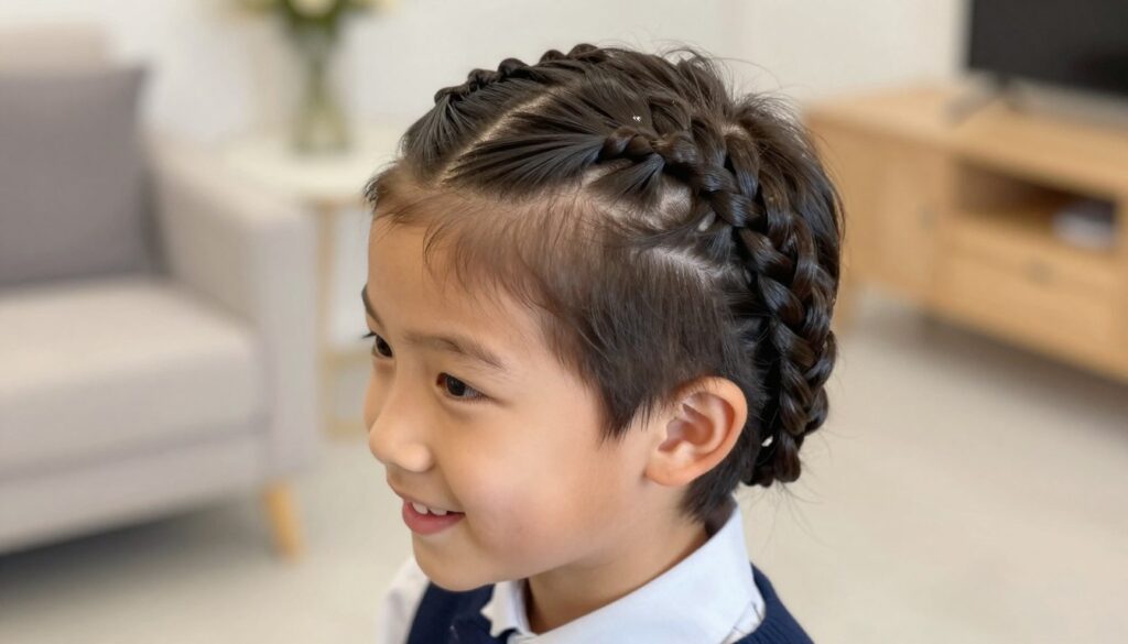 A stylish braid hairstyle suitable for a 10-year-old boy, designed for special occasions. The foreground features a close-up of the intricate braid, showcasing smooth, well-groomed hair with a slight sheen. In the middle ground, a young boy is dressed in a smart casual outfit, possibly a collared shirt, looking at the camera with a joyful expression. The background includes a softly blurred home setting with warm, inviting lighting to create a cheerful atmosphere. The image is shot from a slightly elevated angle to highlight the braid while maintaining focus on the boy’s facial expression, embodying a sense of celebration and formality. Exude a mood that balances playfulness and elegance, perfect for a special occasion.