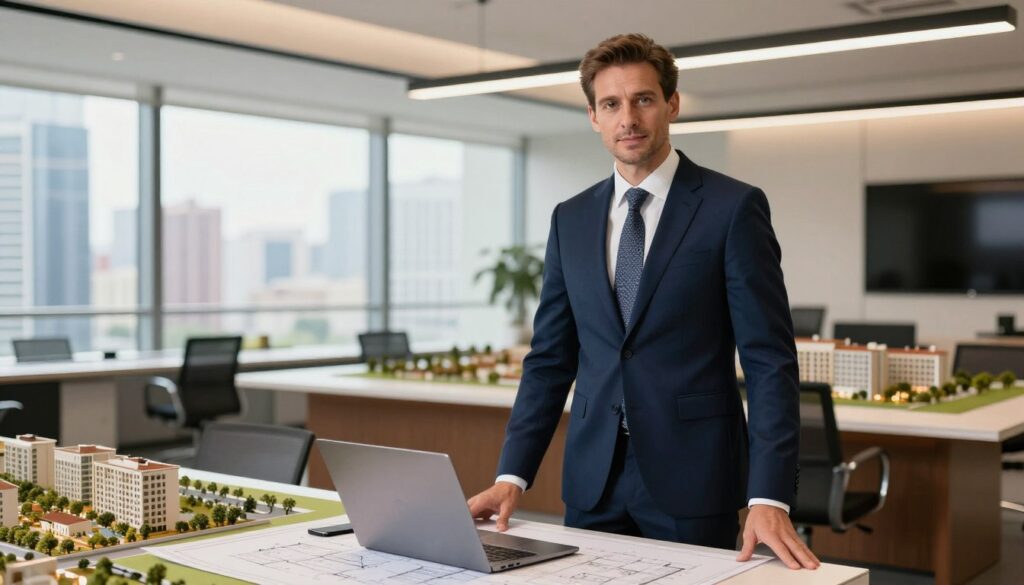 A stylish businessman, Robert Dobrzycki, stands confidently in a contemporary office space, surrounded by architectural blueprints and property development models. He is dressed in a tailored navy suit with a crisp white shirt and a subtle patterned tie, exuding professionalism and success. In the foreground, a sleek desk showcases a laptop with real estate listings open, symbolizing his entrepreneurial journey. The middle layer features large windows allowing natural light to flood the room, creating a warm and inviting atmosphere. In the background, vibrant cityscape views portray the real estate market he navigates. Soft, ambient lighting enhances the mood of ambition and determination, while a camera angle slightly above eye level captures the essence of a driven entrepreneur at the peak of his career.