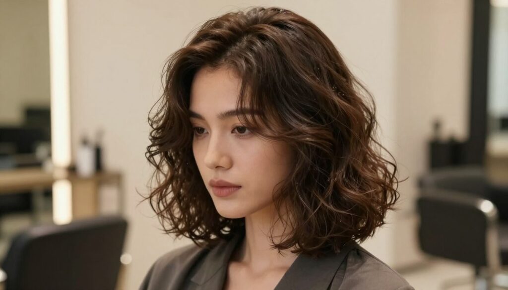 A stylish, close-up portrait of a woman with elegantly styled wavy hair, showcasing short, soft curls. Her hair has a natural, glossy finish, reflecting light subtly to enhance its texture. The woman is dressed in a classy, modest outfit, adding to the sophisticated vibe of the image. She is positioned slightly off-center, allowing the elegant waves of her hair to cascade over one shoulder. The background features a softly blurred salon setting with warm, inviting lighting that highlights the hair’s movement and elegance. A soft focus lens effect enhances the overall feel, creating a chic and contemporary atmosphere that embodies both professionalism and natural beauty.