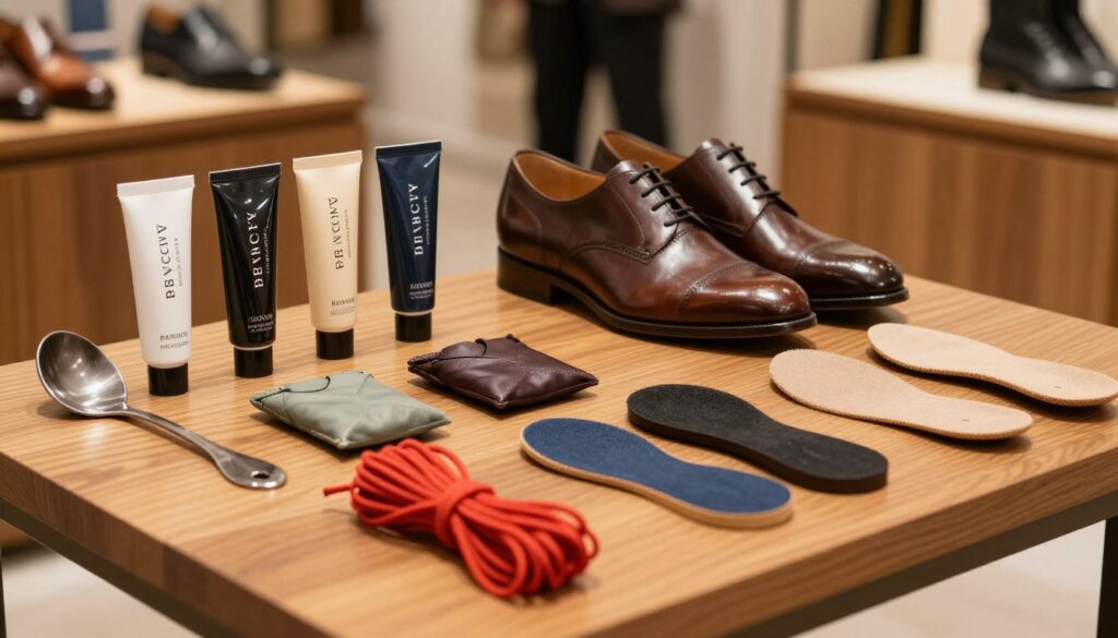 A stylish display of complementary footwear accessories from the brand Bench buty, arranged neatly on a sleek wooden table. The foreground features a variety of high-quality shoe care products including elegant shoehorns, premium leather creams in assorted colors, vibrant laces, and stylish insoles. In the middle ground, a pair of classic Bench buty shoes is highlighted, showcasing their unique design and craftsmanship. The background softly blurs, revealing a hint of a boutique environment with warm, ambient lighting that creates a cozy atmosphere. A gentle focus on the textures and colors of the products enhances visual appeal, inviting the viewer to explore the world of footwear accessories. The overall mood is refined and sophisticated, perfect for an article about shoe fashion.