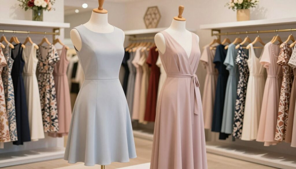 A stylish display of elegant dresses designed to flatter various body types, focusing on options that provide comfort and confidence. In the foreground, a mannequin adorned with a beautifully fitted A-line dress in soft pastel hues, tailored to draw attention away from the midsection. Beside it, a flowing maxi dress with a cinched waist, exuding grace and style. In the middle, a well-lit boutique setting featuring racks of dresses in diverse styles, colors, and fabrics, showcasing trendy patterns. The background features subtle decorations like floral arrangements and soft lighting to create an inviting atmosphere. A soft focus lens captures the warmth of the scene, emphasizing the beauty of the dresses while retaining an airy and uplifting mood. A stylish display of elegant dresses designed to flatter various body types, focusing on options that provide comfort and confidence. In the foreground, a mannequin adorned with a beautifully fitted A-line dress in soft pastel hues, tailored to draw attention away from the midsection. Beside it, a flowing maxi dress with a cinched waist, exuding grace and style. In the middle, a well-lit boutique setting featuring racks of dresses in diverse styles, colors, and fabrics, showcasing trendy patterns. The background features subtle decorations like floral arrangements and soft lighting to create an inviting atmosphere. A soft focus lens captures the warmth of the scene, emphasizing the beauty of the dresses while retaining an airy and uplifting mood.
