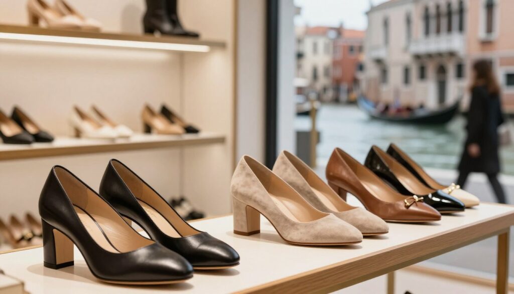 A stylish display of elegant women's shoes prominently featured in the foreground, showcasing an array of trendy designs and materials like sleek leather and soft suede. In the middle ground, a well-lit boutique setting with glossy wooden shelves and soft, inviting lighting creates an upscale shopping atmosphere. The background features a blurred image of a busy street in Venice, hinting at the brand's origin, with gondolas and historic architecture subtly merging into the scene. The mood is sophisticated and inviting, suggesting luxury and quality. Shot with a shallow depth of field for a focused effect, bright yet warm lighting emphasizes the textures of the shoes, inviting potential customers to appreciate the allure of the brand.