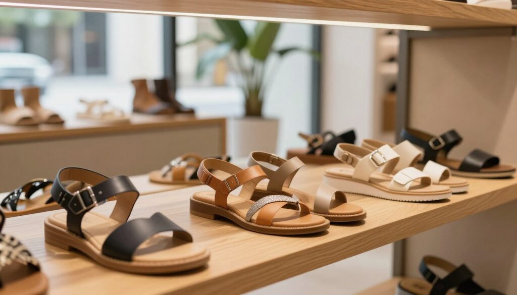 A stylish display of sandals in a well-lit, modern boutique setting. In the foreground, several pairs of sandals in different styles and colors, including sleek leather, comfortable flip-flops, and trendy platform sandals, arranged aesthetically on polished wooden shelves. The middle ground features a softly blurred view of minimalistic décor and natural light streaming through large windows, adding warmth to the scene. The background showcases gentle greenery and a calming ambiance, enhancing the overall inviting atmosphere. The image should convey a sense of casual elegance, focusing on the craftsmanship and variety of the footwear. Soft shadows play across the surfaces, with a slight depth of field to emphasize the sandals.