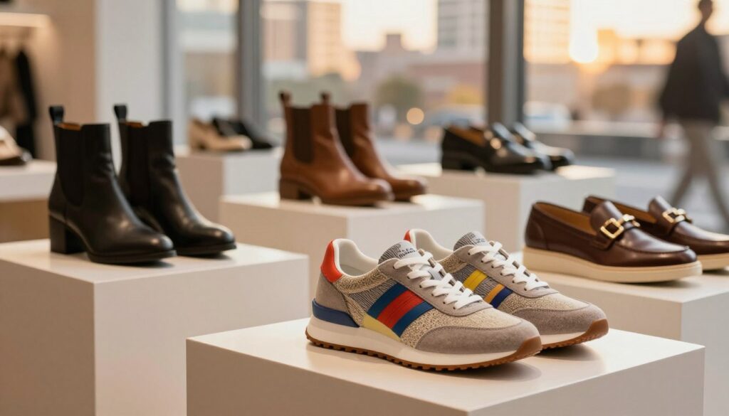 A stylish display of the latest trendy shoes from the Azarey collection, showcasing modern designs with vibrant colors and innovative materials. In the foreground, focus on a pair of eye-catching sneakers with unique patterns and textures, positioned on a sleek, minimalist pedestal. In the middle, arrange additional footwear options like elegant ankle boots and chic loafers, highlighting their fashionable details. The background features a softly blurred urban landscape that suggests a bustling city vibe, illuminated by warm golden hour lighting. Use a shallow depth of field for a polished, professional look. The atmosphere is one of contemporary style and sophistication, appealing to fashion enthusiasts searching for the latest trends. A stylish display of the latest trendy shoes from the Azarey collection, showcasing modern designs with vibrant colors and innovative materials. In the foreground, focus on a pair of eye-catching sneakers with unique patterns and textures, positioned on a sleek, minimalist pedestal. In the middle, arrange additional footwear options like elegant ankle boots and chic loafers, highlighting their fashionable details. The background features a softly blurred urban landscape that suggests a bustling city vibe, illuminated by warm golden hour lighting. Use a shallow depth of field for a polished, professional look. The atmosphere is one of contemporary style and sophistication, appealing to fashion enthusiasts searching for the latest trends.