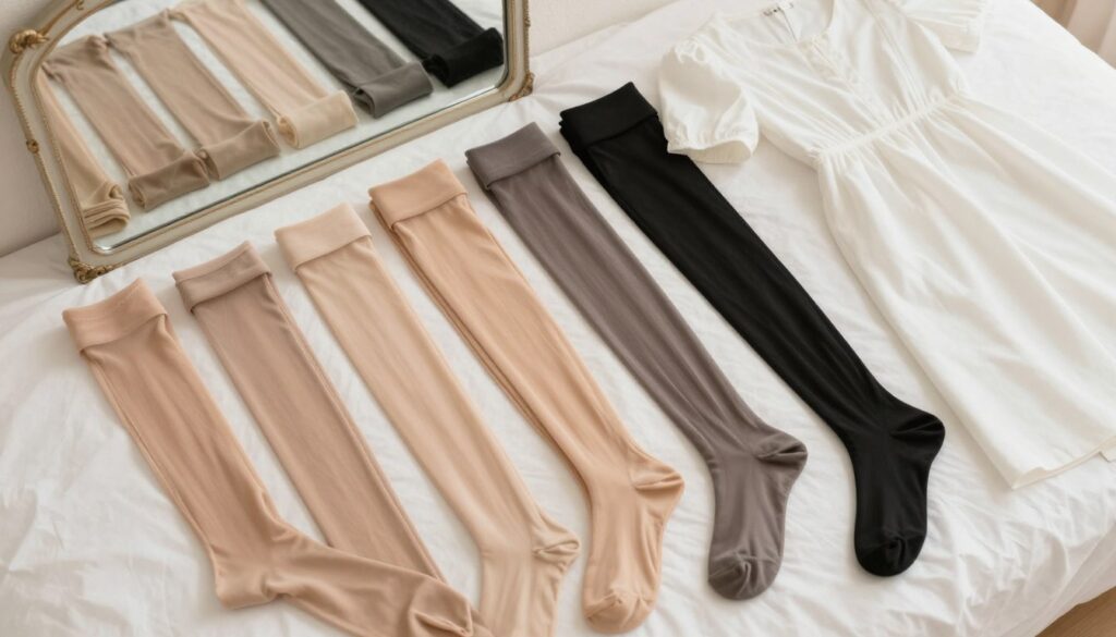 A stylish flat lay of a variety of tights showcasing different thicknesses, elegantly arranged on a soft white fabric background. Include a range of colors such as nude, black, and pastel shades to reflect versatility. The tights should be displayed alongside a classic white dress on the side, subtly hinting at their pairing, with a soft diffused light creating a warm, inviting atmosphere. A small vintage mirror in the background reflects the delicate textures of the tights, further enhancing the visual appeal. The overall mood should be sophisticated yet approachable, emphasizing the importance of choosing the right tights for everyday styling. Capture the image from a slight angle to provide depth and interest.