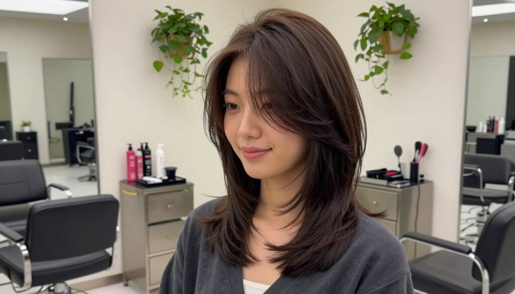 A stylish hair salon interior featuring a model with a marquise layered haircut, showcasing the unique structure and movement of the hairstyle. The foreground captures the model in professional casual clothing, posing confidently with a soft smile. In the middle ground, a stylish salon setting with elegant furniture and well-organized hair products, highlighted by soft, natural lighting that creates a warm and inviting atmosphere. The background features a large mirror reflecting additional elements like hanging plants and hair styling tools. The composition should focus on the hairstyle's texture and layers, emphasizing the trendy and modern aspects of the marquise cut, evoking a fresh and fashionable mood.