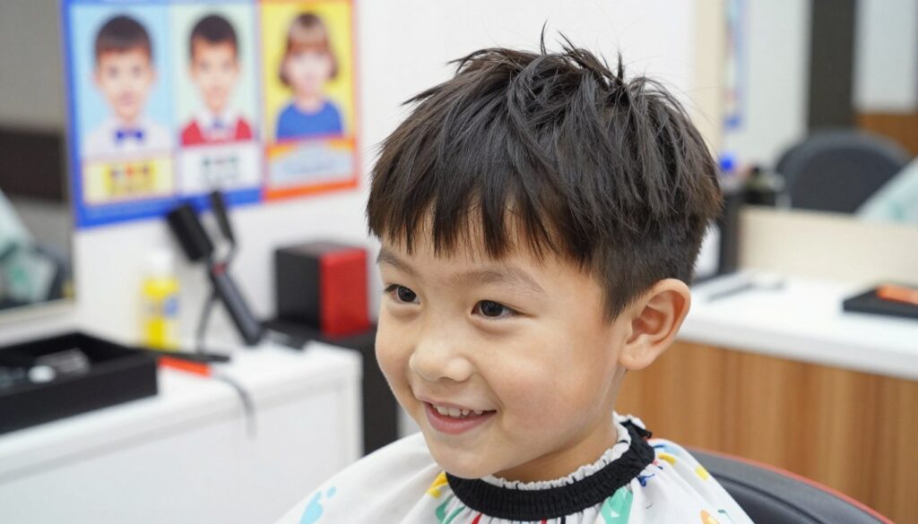 A stylish hairstyle for a 5-year-old boy, showcasing a trendy and comfortable haircut perfect for a preschooler. The scene features a cheerful young boy with bright, expressive eyes and a playful smile, sitting in a well-lit barbershop. He is wearing a casual, colorful shirt that captures a fun and inviting atmosphere. In the foreground, the boy's hair is styled in a fashionable cut with soft layers and a slight tousle, while in the background, various hair styling tools and colorful posters of other children's hairstyles are visible. The lighting is warm and bright, enhancing the cheerful mood, with a slightly blurred background to focus on the boy's hairstyle. The angle captures the boy's perspective, making it relatable and engaging for parents seeking hairstyle inspiration. A stylish hairstyle for a 5-year-old boy, showcasing a trendy and comfortable haircut perfect for a preschooler. The scene features a cheerful young boy with bright, expressive eyes and a playful smile, sitting in a well-lit barbershop. He is wearing a casual, colorful shirt that captures a fun and inviting atmosphere. In the foreground, the boy's hair is styled in a fashionable cut with soft layers and a slight tousle, while in the background, various hair styling tools and colorful posters of other children's hairstyles are visible. The lighting is warm and bright, enhancing the cheerful mood, with a slightly blurred background to focus on the boy's hairstyle. The angle captures the boy's perspective, making it relatable and engaging for parents seeking hairstyle inspiration.