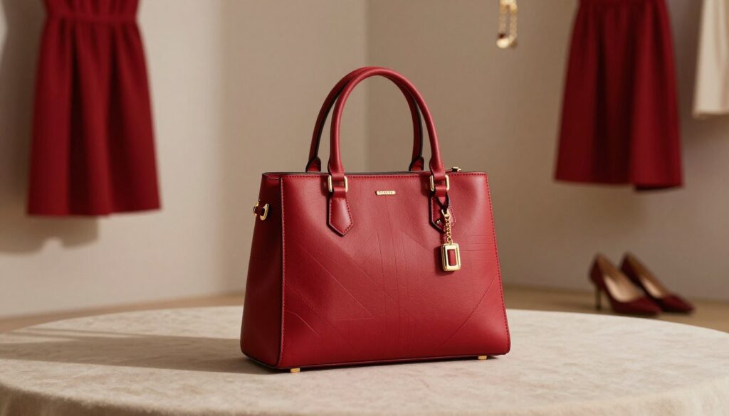 A stylish handbag, elegantly displayed as the focal point of the composition, resting on a soft, neutral-toned fabric. The handbag is a rich red color to complement the theme of a red dress, featuring modern geometric patterns and gold accents that catch the light. In the background, a softly blurred scene of a minimalist dressing area can be seen, featuring a hanging red dress and subtle accessories such as earrings and a pair of classic heels, creating an atmosphere of chic sophistication. The lighting is warm and inviting, casting gentle shadows that emphasize the texture of the handbag. The overall mood is stylish and refined, suitable for showcasing the importance of accessories in enhancing an outfit without overwhelming it.