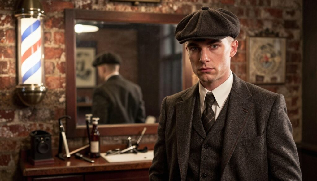 A stylish man with a sharp "Peaky Blinders" haircut stands confidently in the foreground, showcasing the classic faded sides and longer top, meticulously styled with a side part. He wears a tailored vintage suit, complete with a vest and flat cap, embodying the iconic 1920s gangster aesthetic. In the middle ground, a rustic barbershop reflects the era, with antique tools and a classic barber pole visible. The background features faded brick walls and dim lighting, casting a warm, nostalgic glow over the scene. Utilize a shallow depth of field to bring the man into sharp focus while softening the details of the barbershop around him, creating an intimate yet atmospheric portrait. The mood is edgy yet elegant, capturing the essence of the "Peaky Blinders" style.