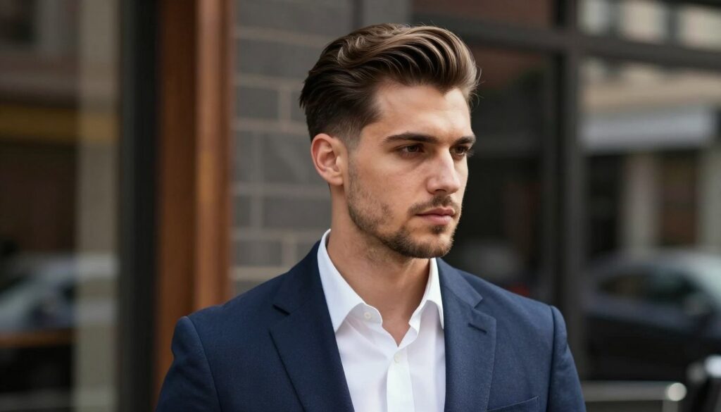 A stylish man with a well-defined side part hairstyle, showcasing a modern twist on a classic cut, stands confidently. His face shape is oval, accentuated by the sleekness of the haircut, highlighting his strong jawline and high cheekbones. The man is dressed in a smart, casual outfit, featuring a fitted blazer over a crisp shirt, presenting a polished look. Soft, natural lighting falls onto his face, creating gentle shadows that enhance his features. The background is a blurred urban setting, suggesting a contemporary barbershop ambiance with hints of wood and metal. The overall atmosphere is sophisticated yet relaxed, capturing the essence of modern male grooming and the importance of hairstyle alignment with face shape and hair type.