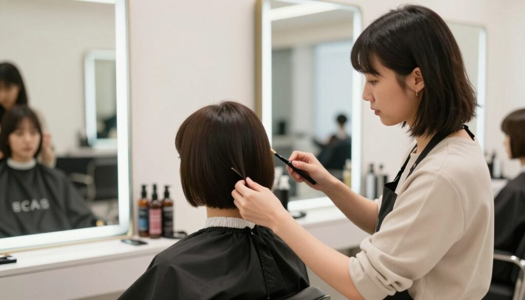 A stylish, modern hairstyle consultation scene featuring a professional hairstylist examining a client’s face shape and features in a bright, well-lit salon. The foreground showcases a focused hairstylist, dressed in a chic, modest outfit, holding styling tools while studying the client’s profile. In the middle, the client has a versatile, contemporary bob hairstyle, highlighting how the cut complements her oval face shape. The background reveals salon mirrors and hair products on shelves, enhancing the creative atmosphere. Soft, natural lighting creates a warm ambiance, and the angle captures both the stylist's attention to detail and the client’s reflections in the mirrors, emphasizing the importance of matching haircuts to facial features.