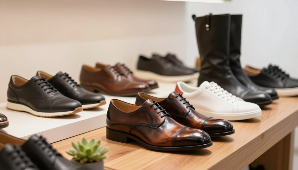 A stylish, modern shoe display featuring a collection of elegant Filippo footwear, showcasing various styles such as dress shoes, casual sneakers, and boots. The foreground highlights a pair of polished leather shoes resting on a professional wooden surface, adorned with natural accents like small plants to evoke a sense of refinement. In the middle ground, a blurred assortment of other shoe styles is artistically arranged, hinting at the brand's versatility. The background features a subtle gradient, transitioning from warm tones to soft white, creating an inviting and sophisticated atmosphere. The lighting is bright and even, emphasizing the textures and details of the shoes, as if captured by a high-quality lens. The overall mood is professional and classy, suited for a discerning audience seeking brand insights.