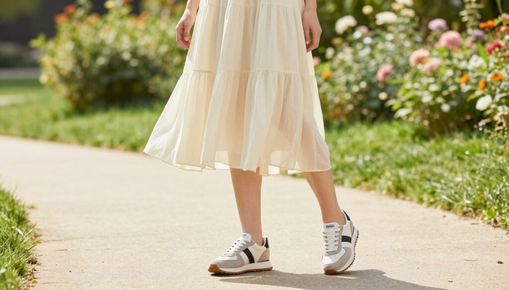 A stylish outdoor scene featuring a woman elegantly dressed in a flowing summer dress, paired with trendy sneakers, standing confidently on a sunlit pathway. The foreground showcases her outfit, emphasizing the harmony between the dress and sneakers, with soft fabrics and complementary colors. The middle background features lush greenery and blooming flowers, creating a vibrant yet serene atmosphere. The sunlight bathes the scene in a warm glow, casting gentle shadows that enhance the textures of her attire. The angle captures a full-body view, focusing on how the sneakers elevate the dress while maintaining proportion. The overall mood is fresh, fashionable, and approachable, illustrating the perfect balance between elegance and comfort. A stylish outdoor scene featuring a woman elegantly dressed in a flowing summer dress, paired with trendy sneakers, standing confidently on a sunlit pathway. The foreground showcases her outfit, emphasizing the harmony between the dress and sneakers, with soft fabrics and complementary colors. The middle background features lush greenery and blooming flowers, creating a vibrant yet serene atmosphere. The sunlight bathes the scene in a warm glow, casting gentle shadows that enhance the textures of her attire. The angle captures a full-body view, focusing on how the sneakers elevate the dress while maintaining proportion. The overall mood is fresh, fashionable, and approachable, illustrating the perfect balance between elegance and comfort.